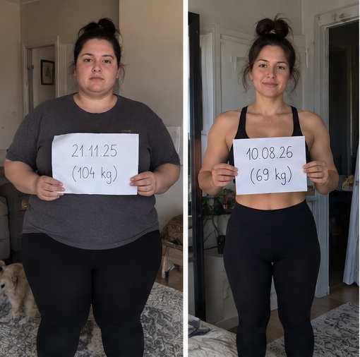 Przed: 104 kg (21.11.25); Po: 69 kg (10.08.26)