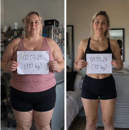 Przed: 110 kg (02.07.25); Po: 72 kg (01.03.26)