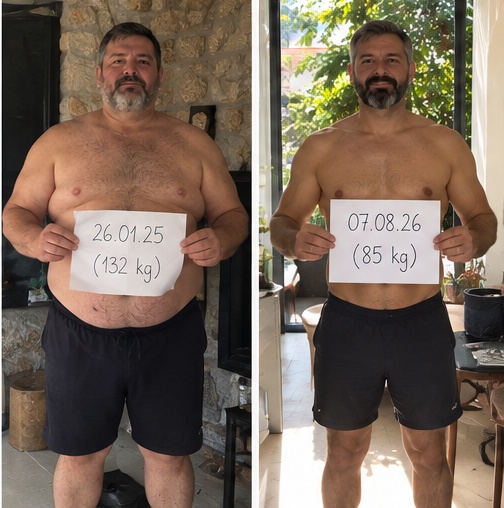 Przed: 132 kg (26.01.25); Po: 85 kg (07.08.26)